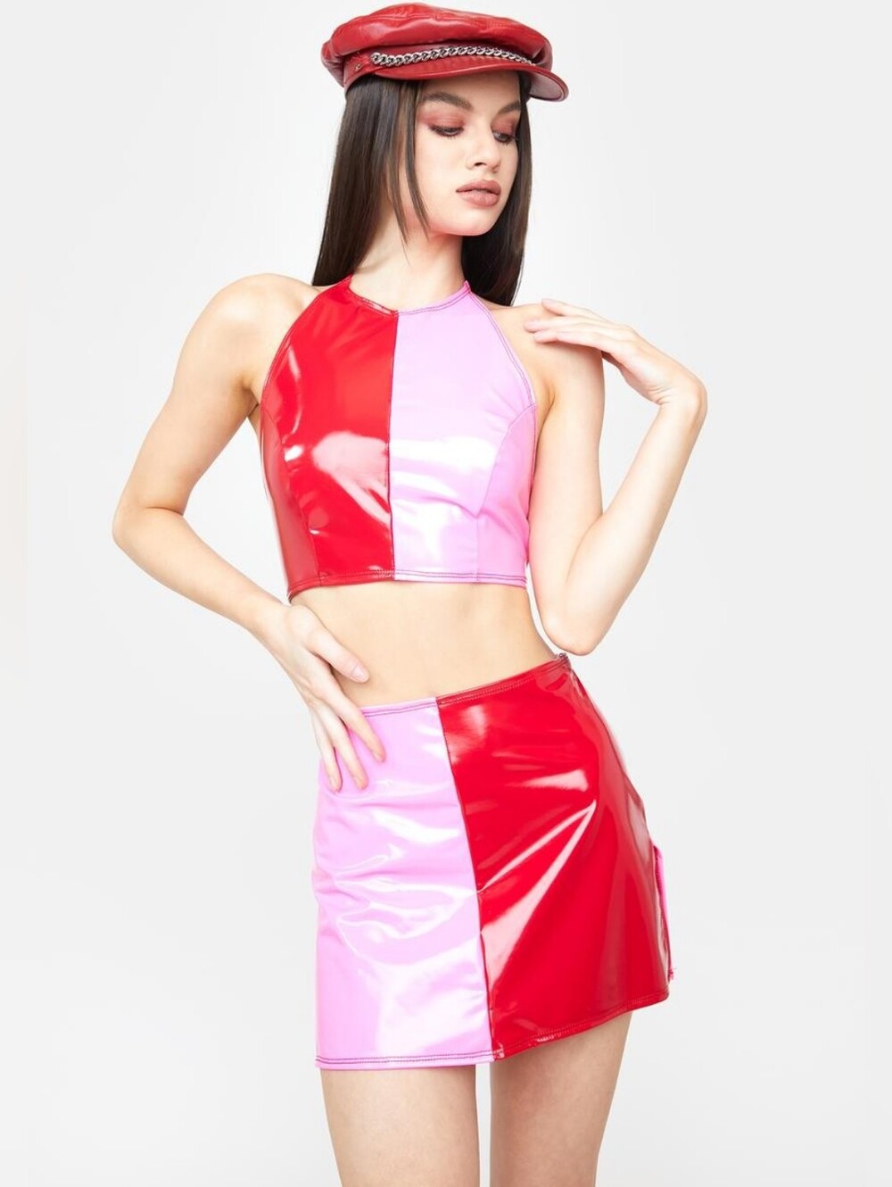 Two Piece Pink And Red Halter Gogo Top & Mini Skirt